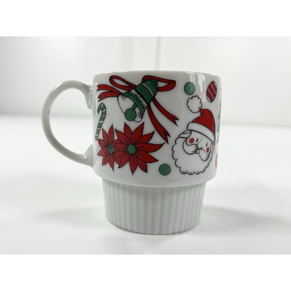 Vintage Christmas Stacking Mug Santa Angel Bells Retro Ribbed Ceramic SY Japan